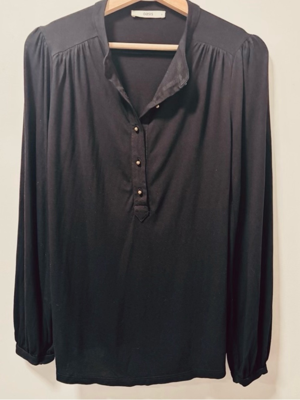 OASIS Black Mandarin Collar Henley Buttons Long Sleeve Blouse Women’s S